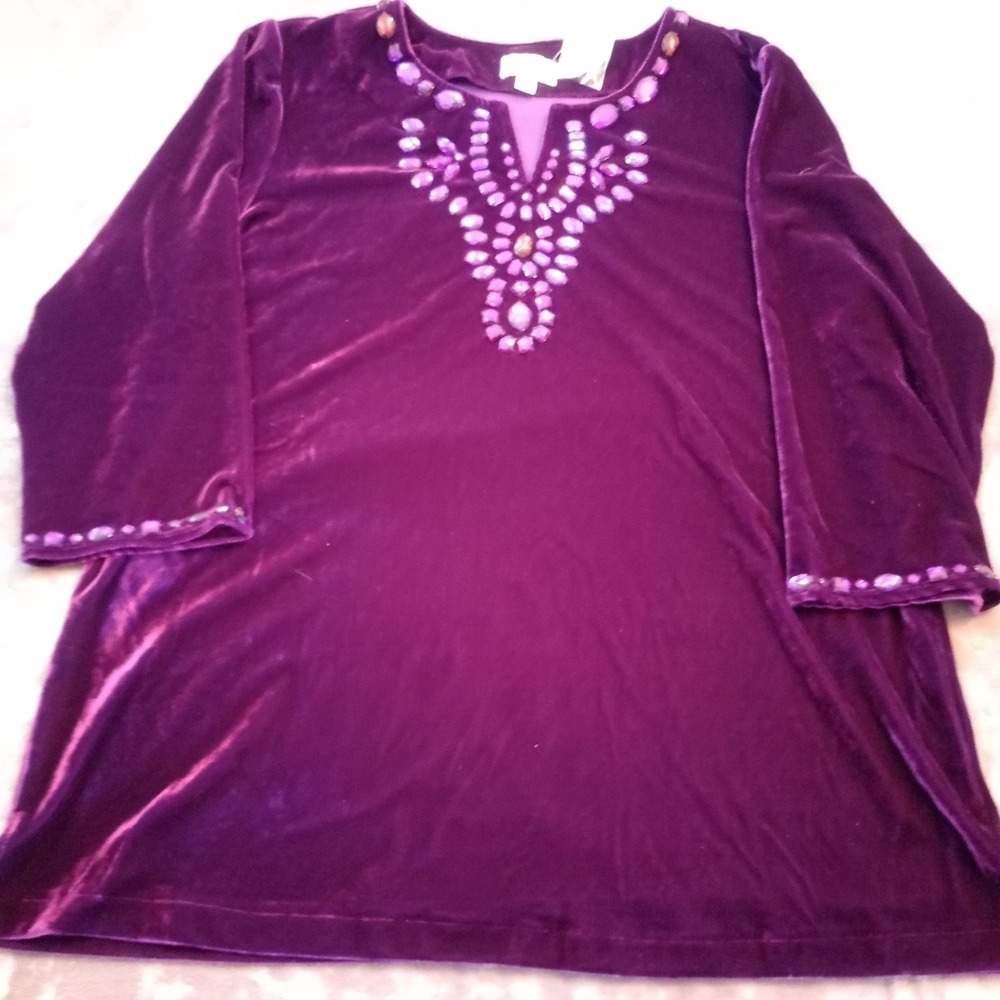 Quacker Factory Crushed Velvet Shirt‎ Tunic Top Rhinestones Purple Amethyst XL